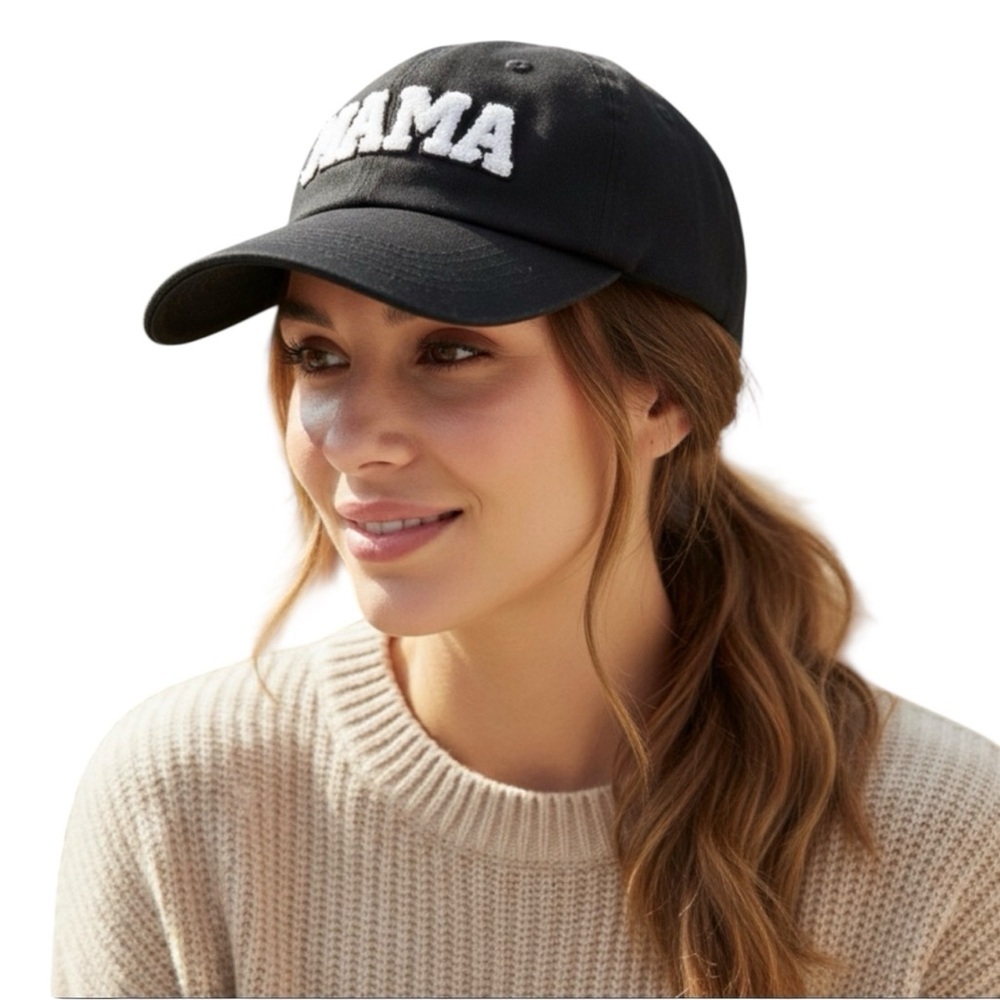 Mama black ball cap, one size with adjustable back strap, white lettering